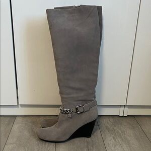 BCBGeneration Merryl Grey Taupe Knee High Suede Wedge Boots, Size 8.5